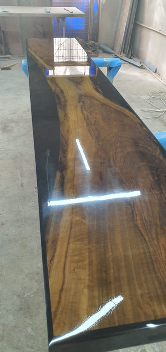 Walnut Dining Table, Live Edge Table, Epoxy Dining Table, Custom 98” x 17” Walnut Shiny Black Epoxy Dining Bench Order for Courtney