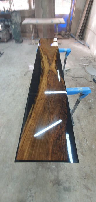 Walnut Dining Table, Live Edge Table, Epoxy Dining Table, Custom 98” x 17” Walnut Shiny Black Epoxy Dining Bench Order for Courtney