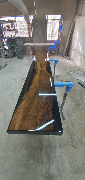 Walnut Dining Table, Live Edge Table, Epoxy Dining Table, Custom 98” x 17” Walnut Shiny Black Epoxy Dining Bench Order for Courtney