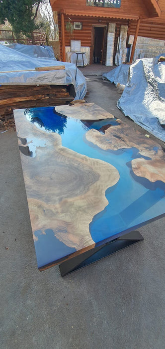 Handmade Epoxy Table, Epoxy Table, Epoxy Dining Table, Custom 60” x 36” Walnut Transparent Sky Blue Dining Table, Custom Order for Debbie A