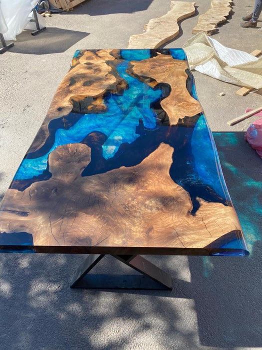 Epoxy Table, Epoxy Dining Table, Walnut Epoxy Table, Custom 72” x 36” Walnut Blue Turquoise Epoxy River Dining Table Order for Poom