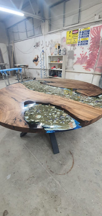 Round Dining Table, Epoxy Table, Epoxy Dining Table, Custom 62” Diameter Round Walnut Blue Beach Aquarium Theme Dining Table Order for Jose