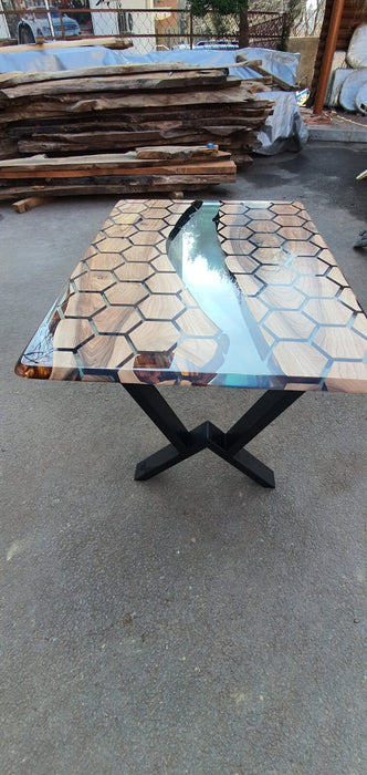 Walnut Dining Table, Epoxy Dining Table, Custom 48” x 36” Walnut Clear Epoxy Hexagon Table Order for Jessica