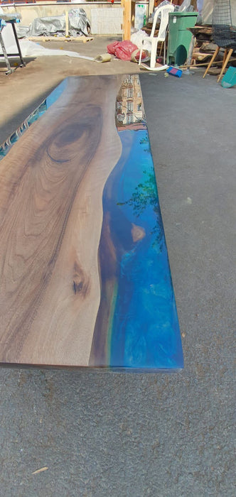 Live Edge Table, Epoxy Table, Epoxy Dining Table, Custom 62” x 17” Walnut Blue Turquoise Epoxy Table, River Dining Bench, Order for Poom