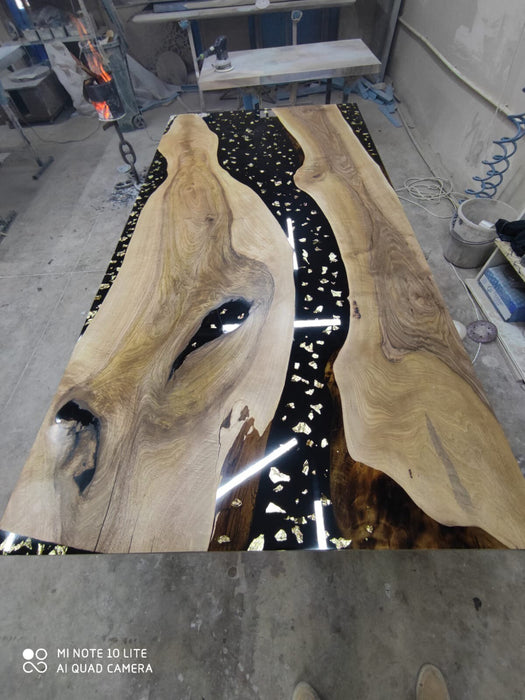 Black Epoxy Resin River Table, Custom 80” x 42” Walnut Black Table, Custom Gold Leaf River Table for E