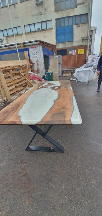 Walnut Dining Table, Custom 90”x 40” Walnut Metallic Pearl White Epoxy Table, River Table Order for Leslie