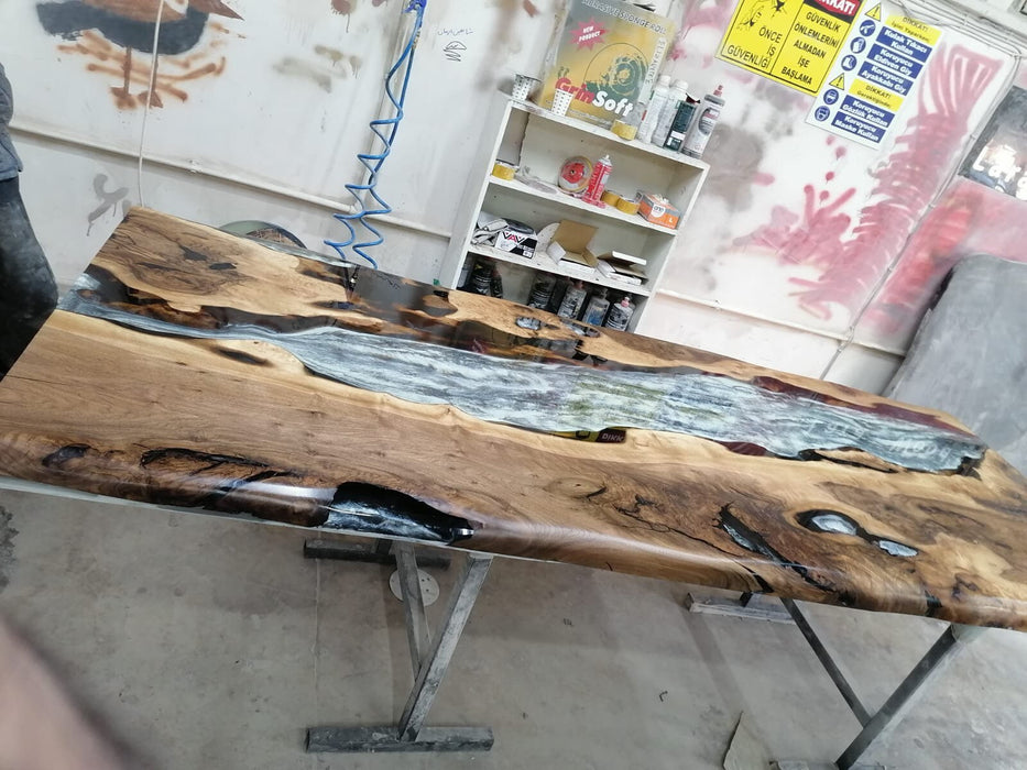 Epoxy Marble Table, Epoxy Dining Table, Epoxy Resin Table, Custom 96” x 40” Walnut Table, Marble Gray Epoxy Table, Custom Order for Cathy