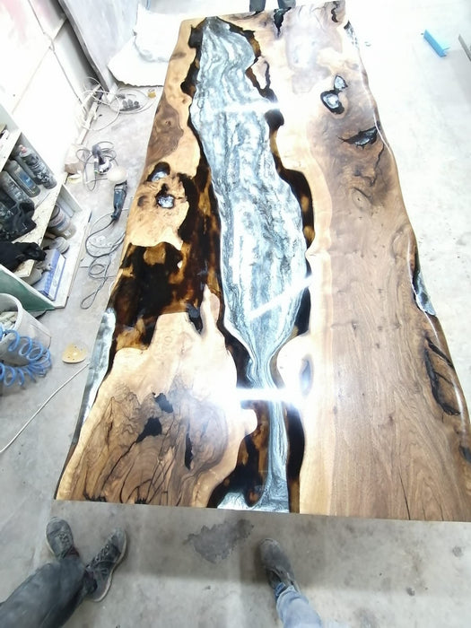 Epoxy Marble Table, Epoxy Dining Table, Epoxy Resin Table, Custom 96” x 40” Walnut Table, Marble Gray Epoxy Table, Custom Order for Cathy