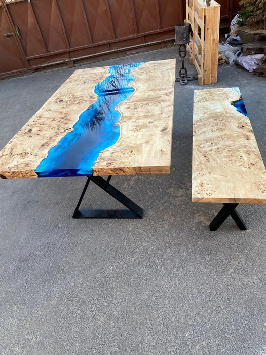 Epoxy Dining Table, Epoxy Ocean Table, Custom 72” x 42” Poplar Ocean Blue, White Waves Epoxy River Dining Table and Bench, Order for William