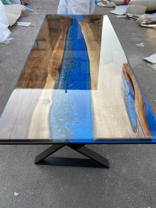 Handmade Epoxy Table, Custom 96” x 40” Walnut Metallic Shiny Black Table, Blue Epoxy River Table, Epoxy River Dining Table, Order for Jacob