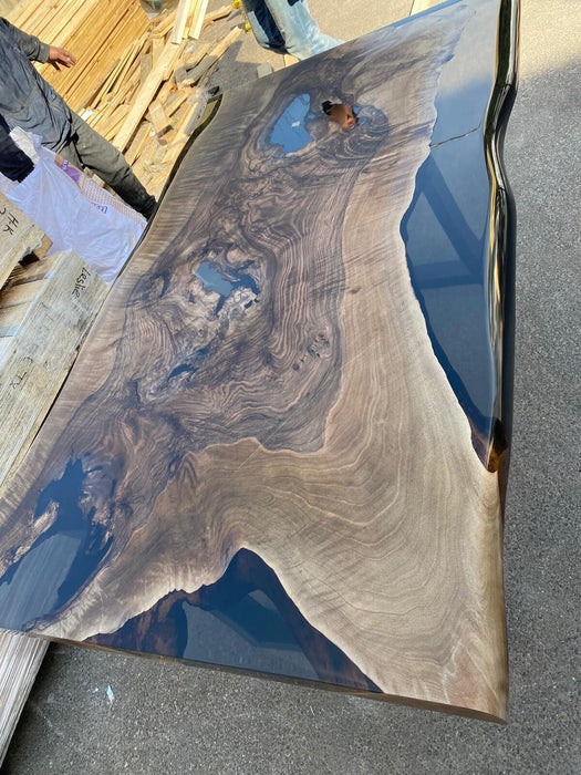 Handmade Epoxy Table, Custom 60” x 36” Walnut Smoke Gray Table, Epoxy River Table, Live Edge Table with Bench, Custom Order for Audra