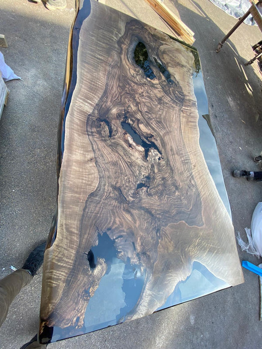 Handmade Epoxy Table, Custom 60” x 36” Walnut Smoke Gray Table, Epoxy River Table, Live Edge Table with Bench, Custom Order for Audra