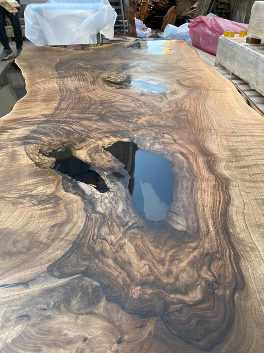 Handmade Epoxy Table, Custom 60” x 36” Walnut Smoke Gray Table, Epoxy River Table, Live Edge Table with Bench, Custom Order for Audra
