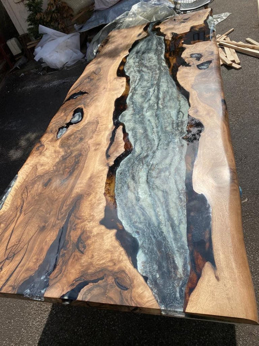 Epoxy Table, Epoxy Dining Table, Epoxy Resin Table, Custom 96” x 40” Walnut Wood Gray Table, Marble Affect Epoxy Table, Order for Cathy,
