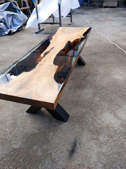 Walnut Epoxy Table, Custom 58” x 17” Walnut Smokey Table, Epoxy River Bench, Live Edge Table, Custom Order for Corsetti