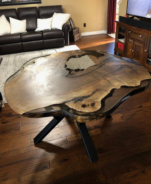 Epoxy Custom Coffee Table, Unique Coffee Table, 48” Diameter Round Walnut Table, Smokey Gray Epoxy Irregular Table, Custom Order for Mary