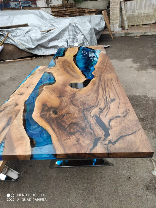 Handmade Epoxy Table, Custom 108” x 36” Walnut Blue Epoxy Table, Epoxy River Dining Table, Live Edge Table, Custom Order for Arun