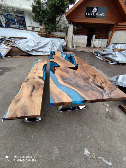 Handmade Epoxy Table, Custom 108” x 36” Walnut Blue Epoxy Table, Epoxy River Dining Table, Live Edge Table, Custom Order for Arun