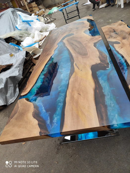 Epoxy Dining Table, Epoxy Resin Table, Custom 108” x 36” Walnut Blue Epoxy River Dining Table and Bench, Custom Order for Arun