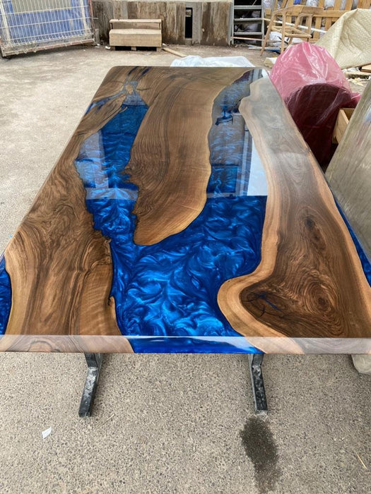 Epoxy Table, Epoxy Dining Table, Walnut Epoxy River Table, Custom 80” x 38” Walnut Metallic Blue Epoxy River Table, Order for Jessica