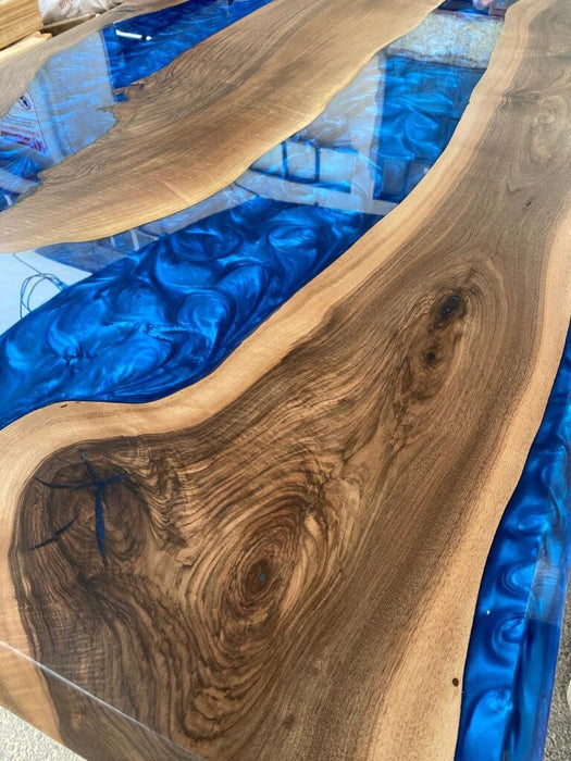 Epoxy Table, Epoxy Dining Table, Walnut Epoxy River Table, Custom 80” x 38” Walnut Metallic Blue Epoxy River Table, Order for Jessica