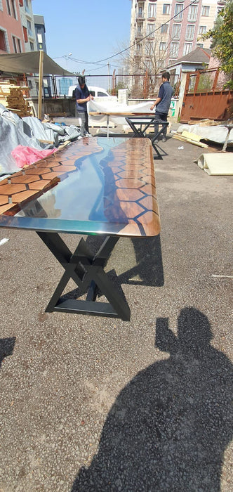 Hexagon Epoxy Dining Table, Epoxy Resin Table, Custom 72” x 26” Walnut Clear Table, Epoxy Hexagon Honeycomb Table for John