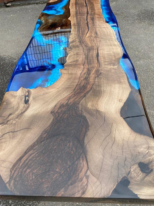 Handmade Epoxy Table, Live Edge Table, Epoxy Table, Custom 85” x 16” Walnut Wood Deep Blue and Turquoise, White Epoxy Table for Denny
