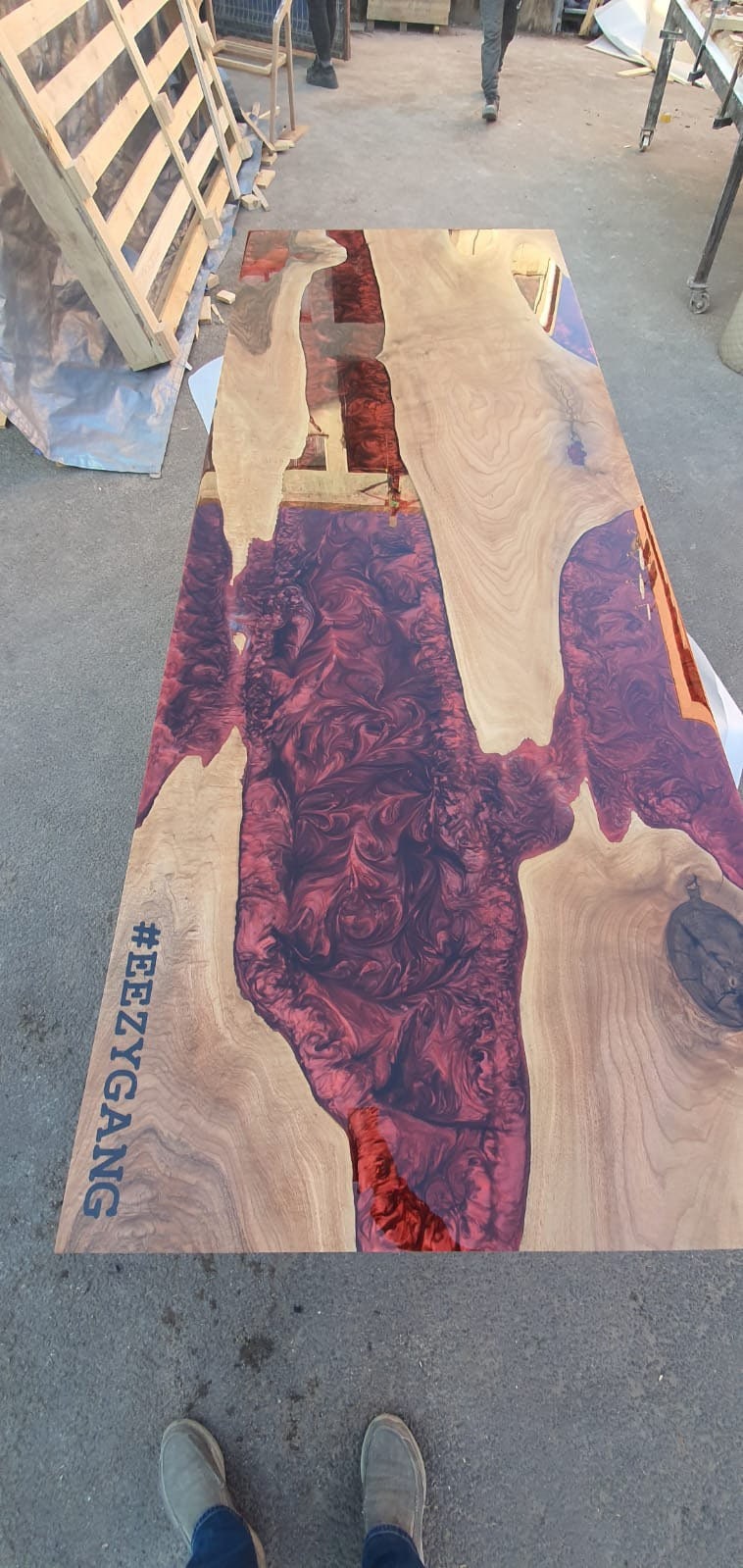 Custom 96" x 36" Epoxy Resin Table, Handmade Red Epoxy Table, Custom Walnut Epoxy Table, Unique Resin Epoxy Table Name Logo for #EEZYGANG