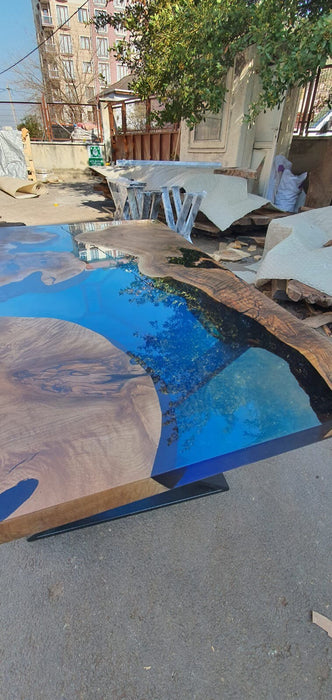 Handmade Epoxy Table, Epoxy Table, Epoxy Dining Table, Custom 60” x 36” Walnut Transparent Sky Blue Dining Table, Custom Order for Debbie A