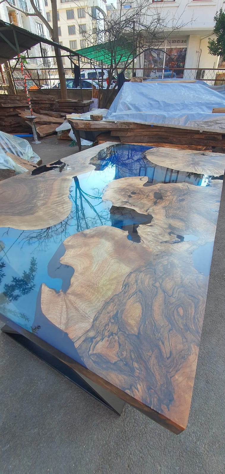 Handmade Epoxy Table, Epoxy Table, Epoxy Dining Table, Custom 60” x 36” Walnut Transparent Sky Blue Dining Table, Custom Order for Debbie A