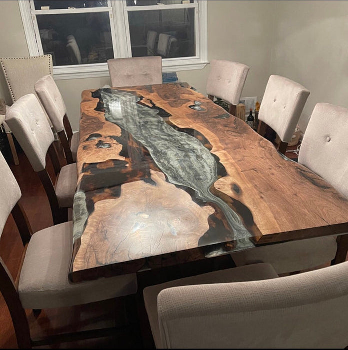 Live Edge Table, Epoxy Dining Table, Epoxy Resin Table, Custom 96” x 40” Walnut Wood Gray Table, Epoxy Table Order for Cathy