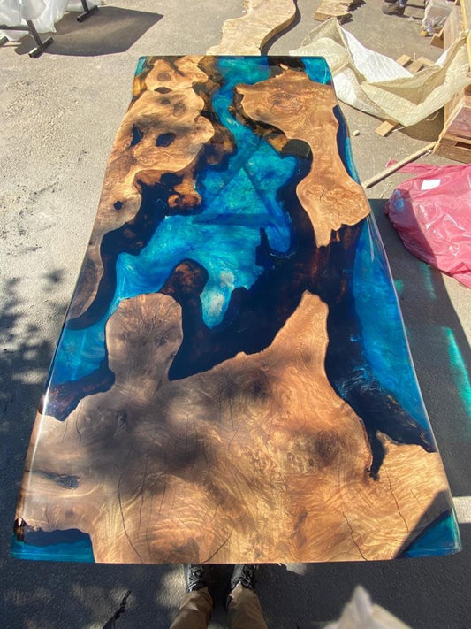 Epoxy Table, Epoxy Dining Table, Walnut Epoxy Table, Custom 72” x 36” Walnut Blue Turquoise Epoxy River Dining Table Order for Poom