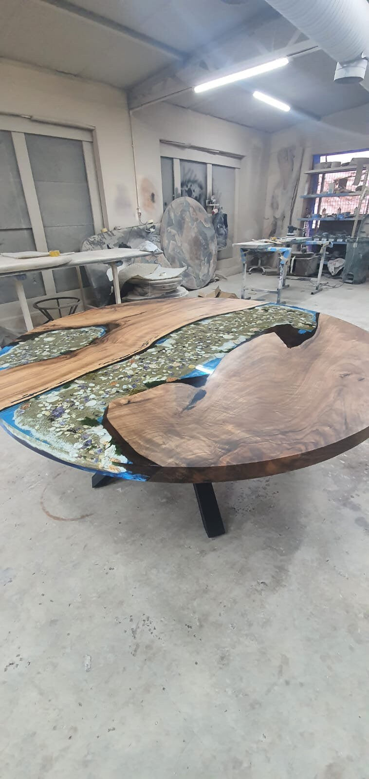 Round Dining Table, Epoxy Table, Epoxy Dining Table, Custom 62” Diameter Round Walnut Blue Beach Aquarium Theme Dining Table Order for Jose