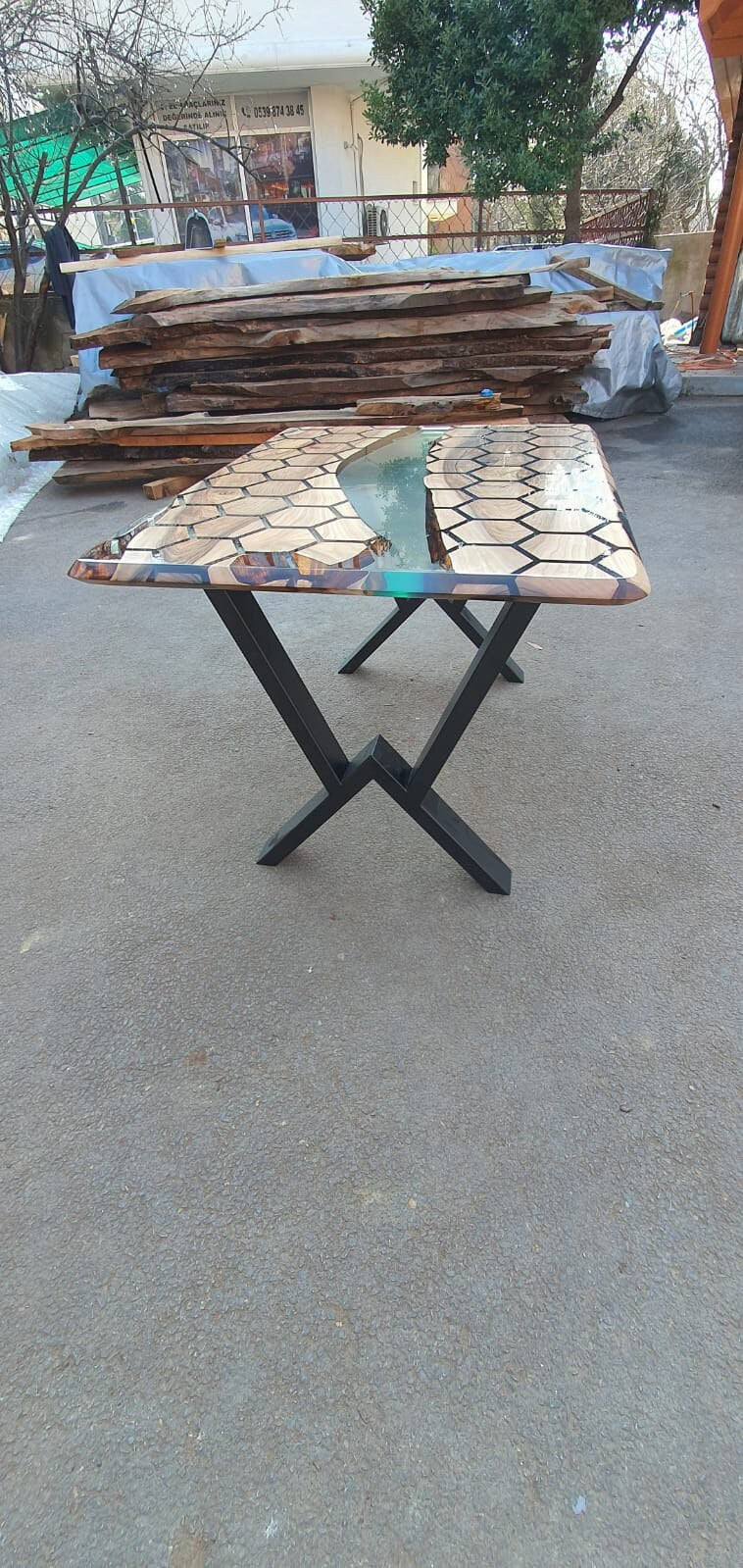 Walnut Dining Table, Epoxy Dining Table, Custom 48” x 36” Walnut Clear Epoxy Hexagon Table Order for Jessica