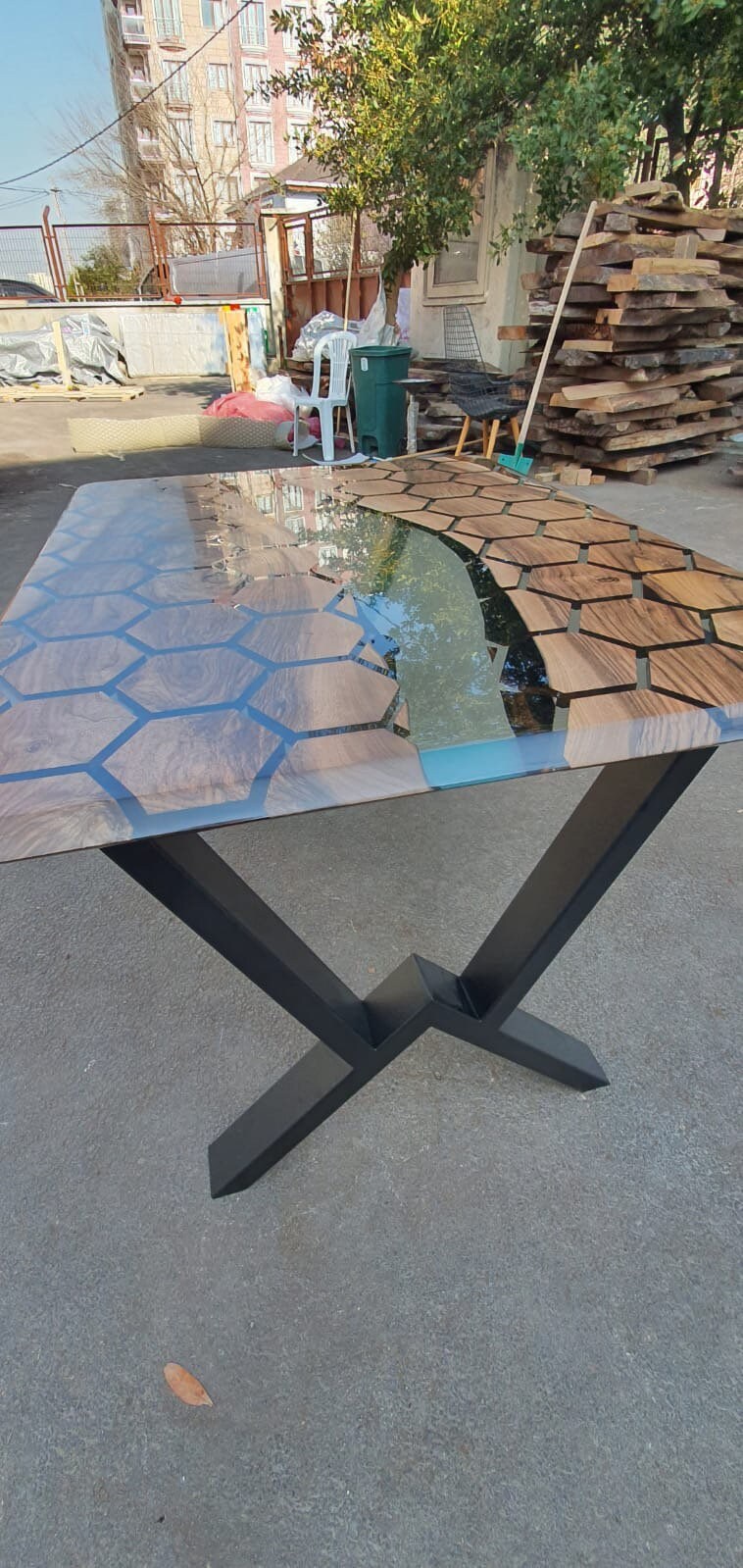 Walnut Dining Table, Epoxy Dining Table, Custom 48” x 36” Walnut Clear Epoxy Hexagon Table Order for Jessica