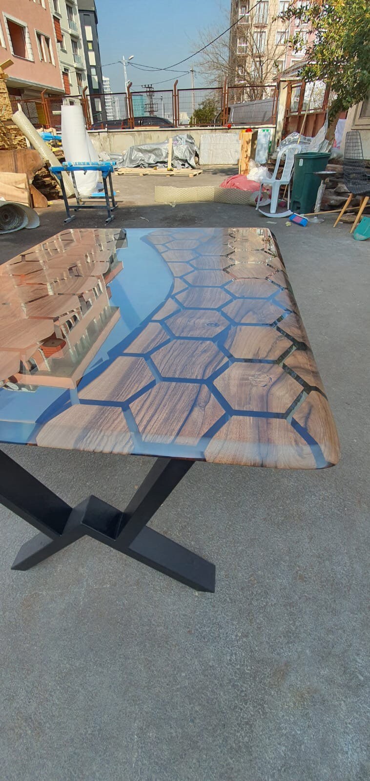 Walnut Dining Table, Epoxy Dining Table, Custom 48” x 36” Walnut Clear Epoxy Hexagon Table Order for Jessica