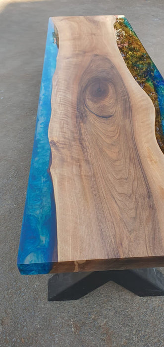 Live Edge Table, Epoxy Table, Epoxy Dining Table, Custom 62” x 17” Walnut Blue Turquoise Epoxy Table, River Dining Bench, Order for Poom