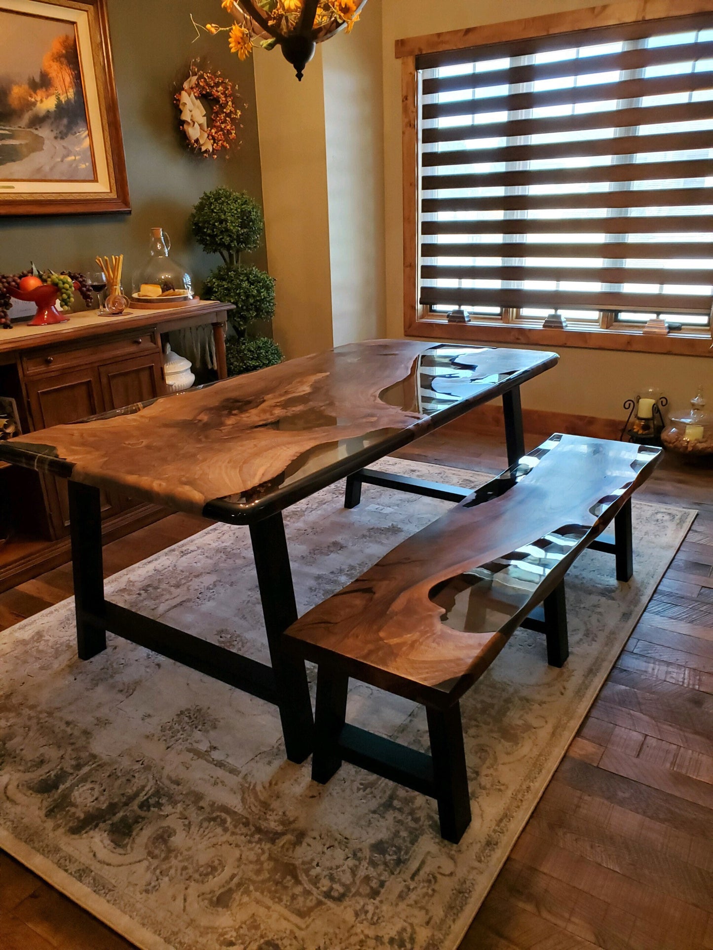 Epoxy Dining Table, Epoxy Resin Table, Custom 72” x 36” Walnut Smokey Gray Table, Epoxy River Table and Bench, Custom Order for Laurie V