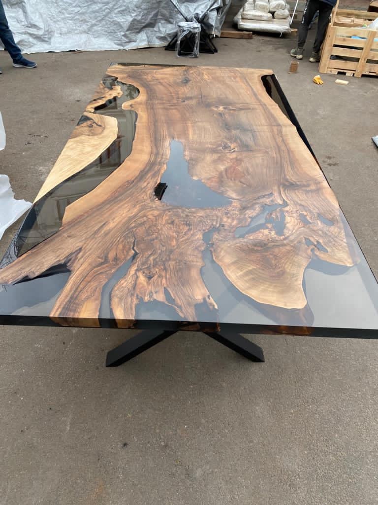 Epoxy Table, Epoxy Dining Table, Walnut Epoxy River Table, Custom 96” x 48” Walnut Smokey Gray Epoxy River Table Order for Neetu