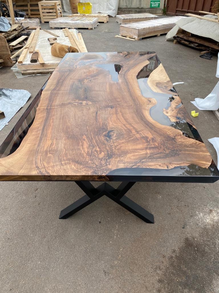 Epoxy Table, Epoxy Dining Table, Walnut Epoxy River Table, Custom 96” x 48” Walnut Smokey Gray Epoxy River Table Order for Neetu