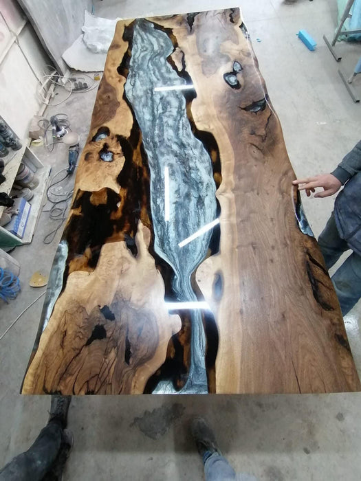 Epoxy Marble Table, Epoxy Dining Table, Epoxy Resin Table, Custom 96” x 40” Walnut Table, Marble Gray Epoxy Table, Custom Order for Cathy