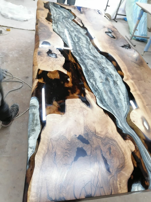 Epoxy Marble Table, Epoxy Dining Table, Epoxy Resin Table, Custom 96” x 40” Walnut Table, Marble Gray Epoxy Table, Custom Order for Cathy