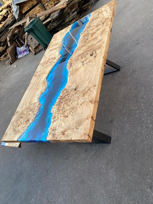 Epoxy Dining Table, Epoxy Ocean Table, Custom 72” x 42” Poplar Ocean Blue, White Waves Epoxy River Dining Table and Bench, Order for William