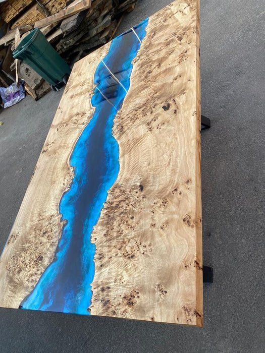 Epoxy Dining Table, Epoxy Ocean Table, Custom 72” x 42” Poplar Ocean Blue, White Waves Epoxy River Dining Table and Bench, Order for William