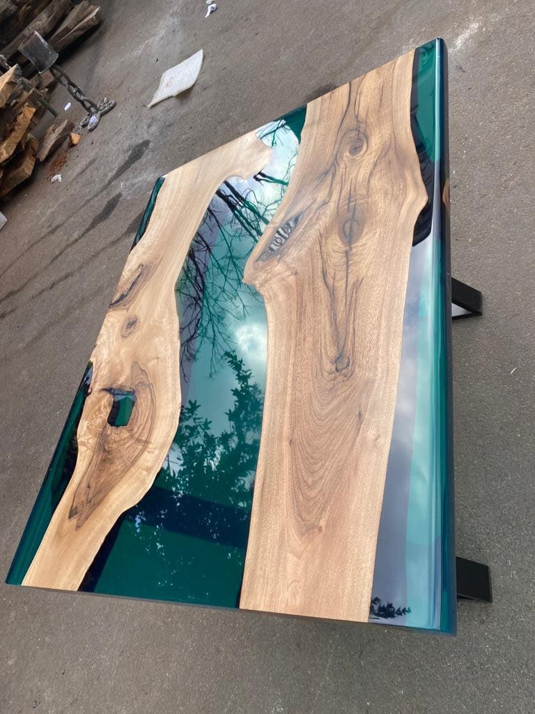 Epoxy Table, Live Edge Table, Custom 47” x 36” Walnut Transparent Translucent Turquoise Table, Epoxy River Table, Custom Order for Yuxi