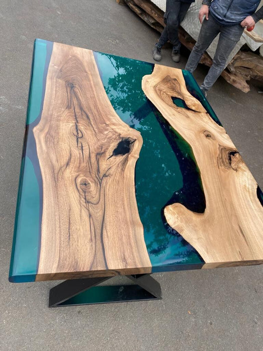 Epoxy Table, Live Edge Table, Custom 47” x 36” Walnut Transparent Translucent Turquoise Table, Epoxy River Table, Custom Order for Yuxi