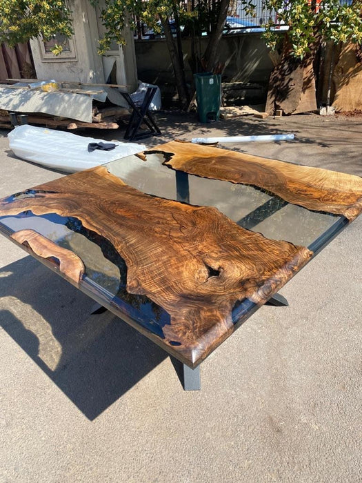 Epoxy Table, Epoxy Dining Table, Walnut Epoxy Table, River Dining Table, Custom 60” x 60” Walnut Smokey Gray Epoxy Table, Order for Sally D