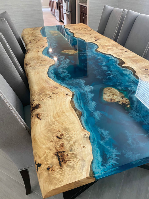 Handmade Epoxy Table, Custom 96” x 42”  Poplar Wood Blue, Turquoise and White Waves Table, Epoxy River Dining Table, Order for Carolyn U