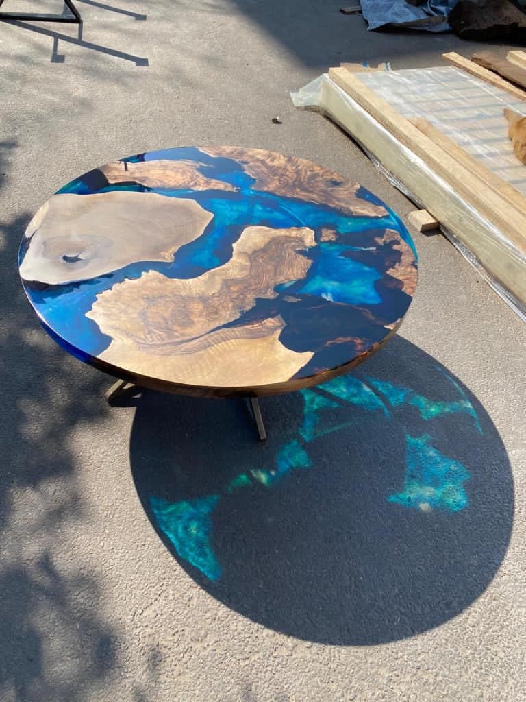 Epoxy Table, Epoxy Dining Table, Walnut Epoxy Round Dining Table, Custom 42” Round Walnut Wood Blue Epoxy Dining Table Order for Brandon B