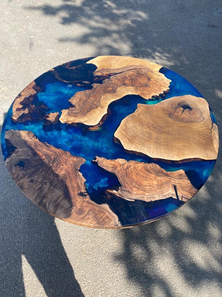 Epoxy Table, Epoxy Dining Table, Walnut Epoxy Round Dining Table, Custom 42” Round Walnut Wood Blue Epoxy Dining Table Order for Brandon B